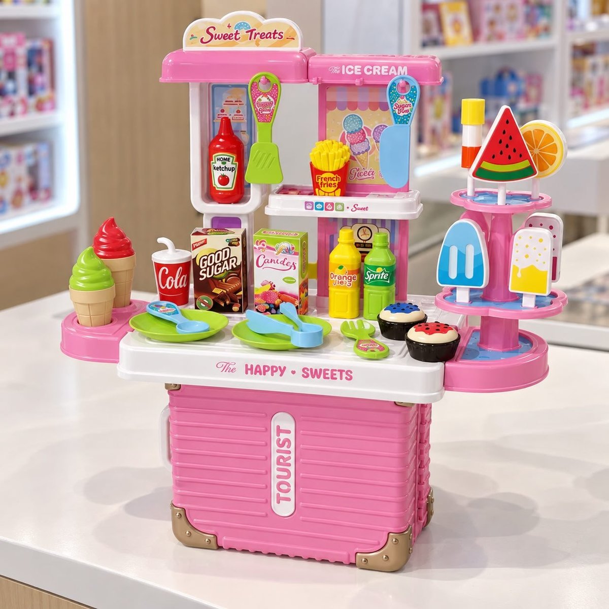 Bancada Confeitaria Brinquedo Infantil 3 em 1 Maleta 38 Peças Sorvete Picolé Acessórios Maxi Toys