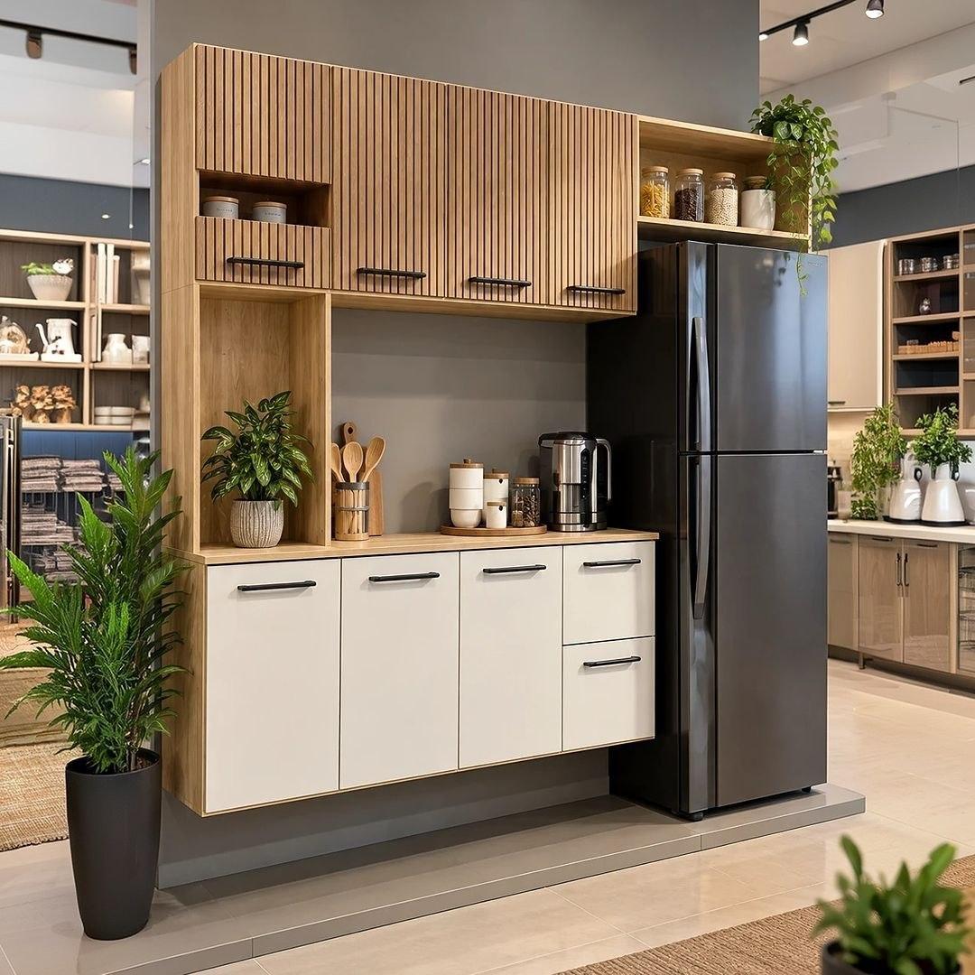 Armário de Cozinha Completa Aéreo 7 Portas e 2 Gavetas Planejada Branco Off White Ripado Juliana