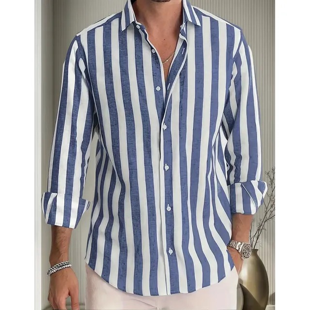 Camisa Masculina De Manga Comprida Com Botões E Listrada (M ao XGG)
