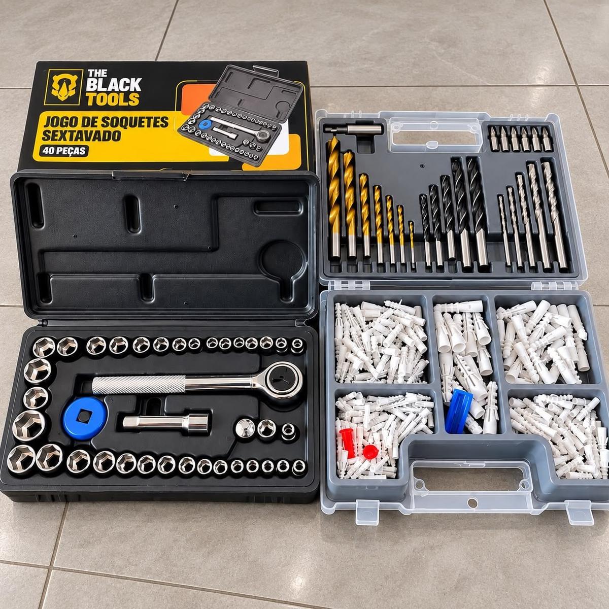 Jogo De Brocas Buchas E Bits Com 300 Peças E Maleta + Kit Chaves Catraca Reversível 40 Peças