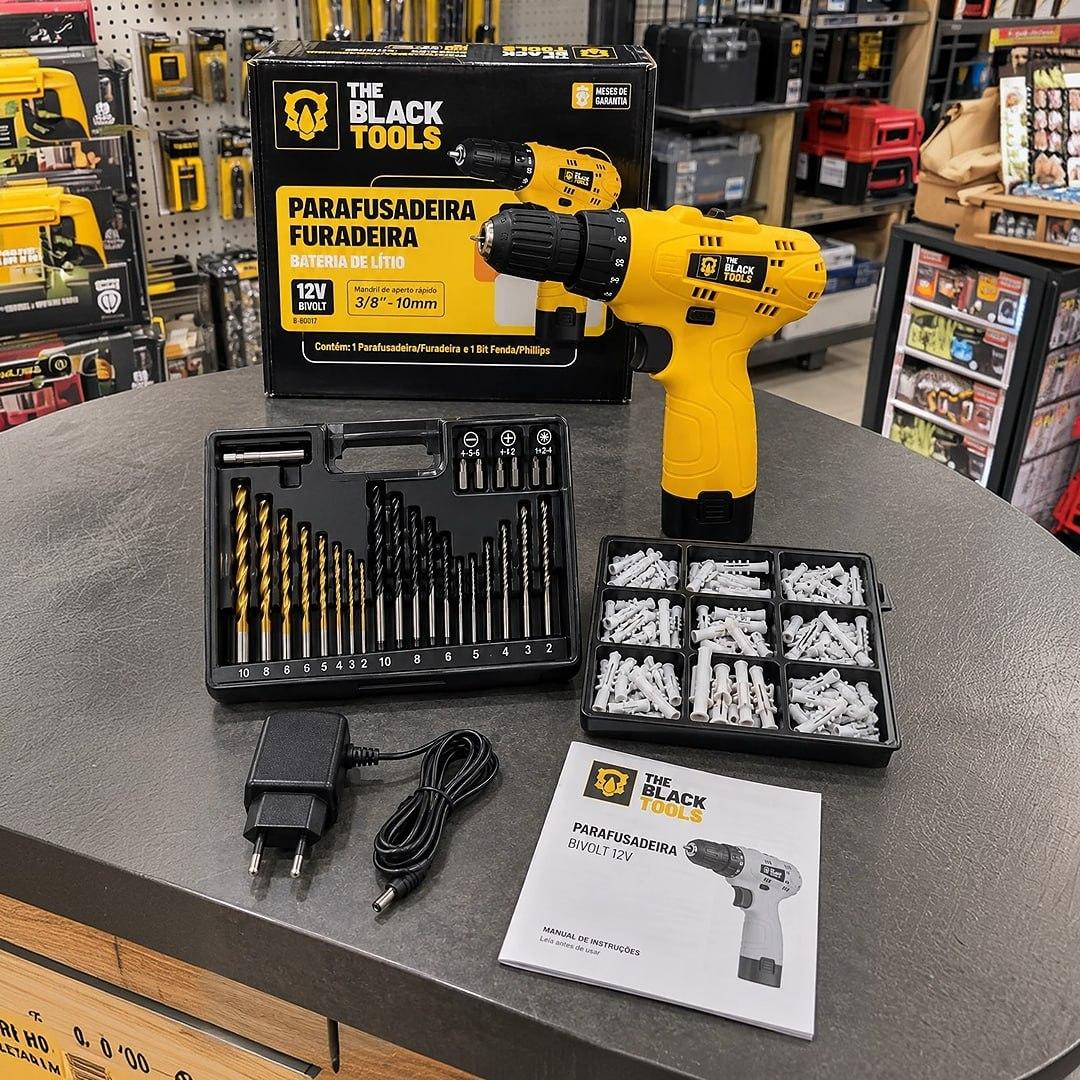 Parafusadeira Furadeira 3/8 A Bateria Tb12a The Black Tools Jogo Brocas E Buchas 300 Peças