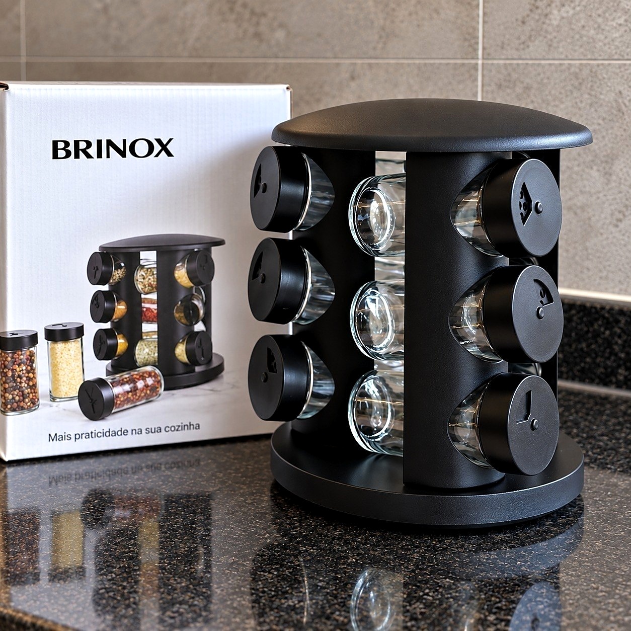 🧂 Porta Temperos Com 10 Potes de Vidro Brinox