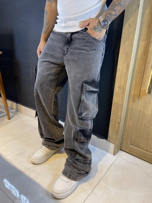 Calça Jeans Cargo Masculina Streetwear Preta Mescla (36 ao 44)