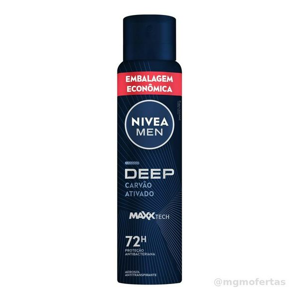 NIVEA MEN Desodorante Antitranspirante Aerossol Deep Carvão Ativado 200ml, Proteção Antibacteriana 72h, Controle do Suor e Odor