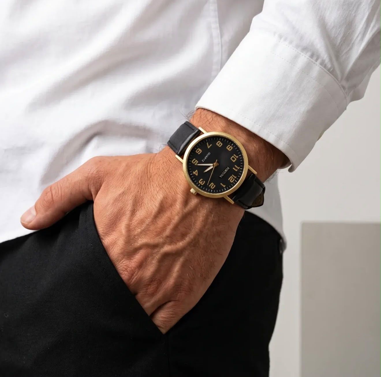 Relógio De Pulso Masculino Minimalista Old Money Fortuna Preto Cx Dourada E Preto