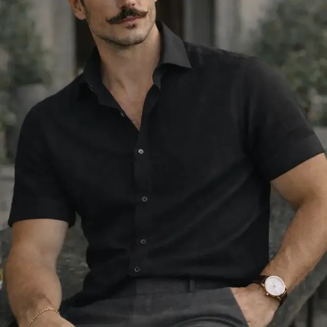 Camisa Casual Masculina Texturizada Com Botões Old Money Preto Linho (P ao GG)