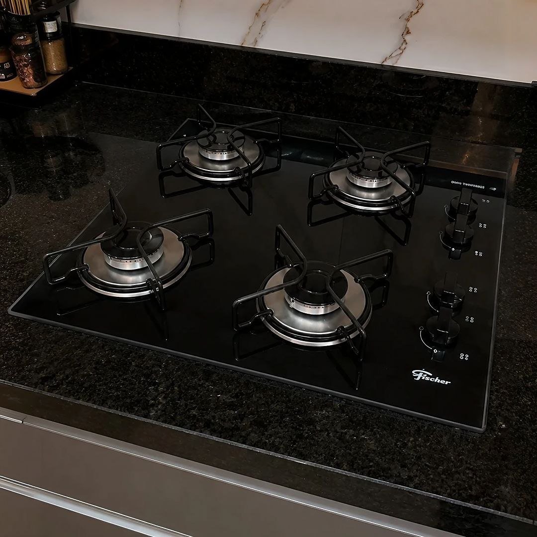 Fischer Cooktop à Gás 4 Bocas Fit Line Trempe Aramado Mesa Vidro Preto Bivolt 36350-102675