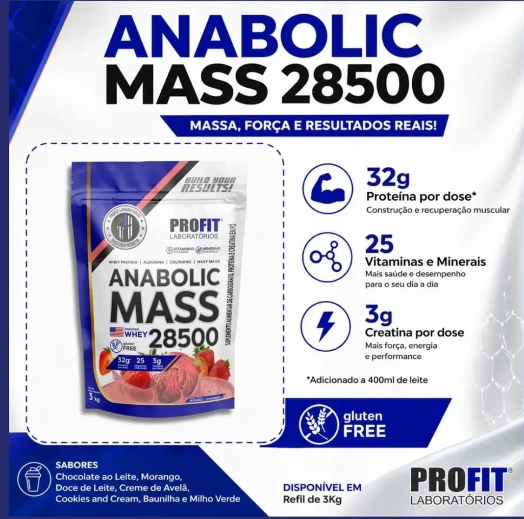 Hipercalórico Anabolic Mass 28500 3kg Profit Labs Sabor Morango