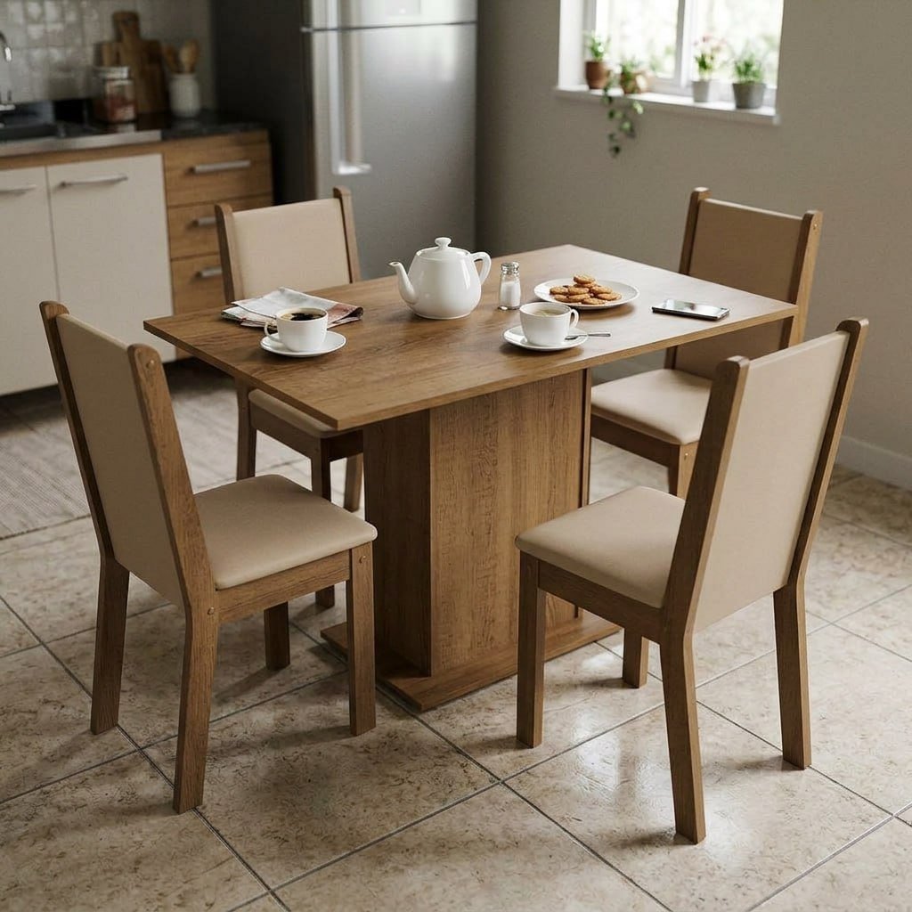Sala De Jantar Madesa Talita Mesa Tampo Madeira 4 Cadeiras Cor Rustic/Crema/Pérola Desenho do tecido das cadeiras Liso