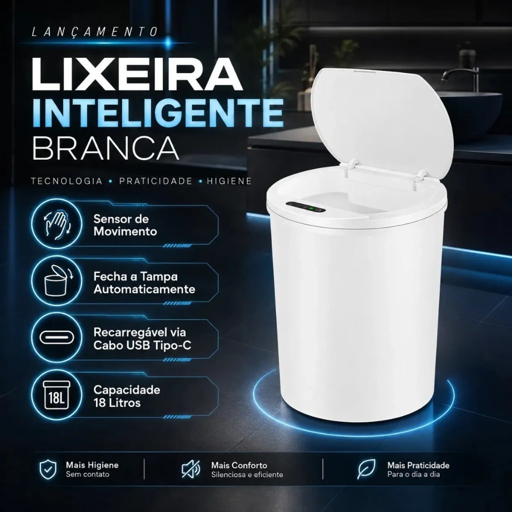Lixeira Inteligente Automática Branca Com Sensor Anti Odor 16l