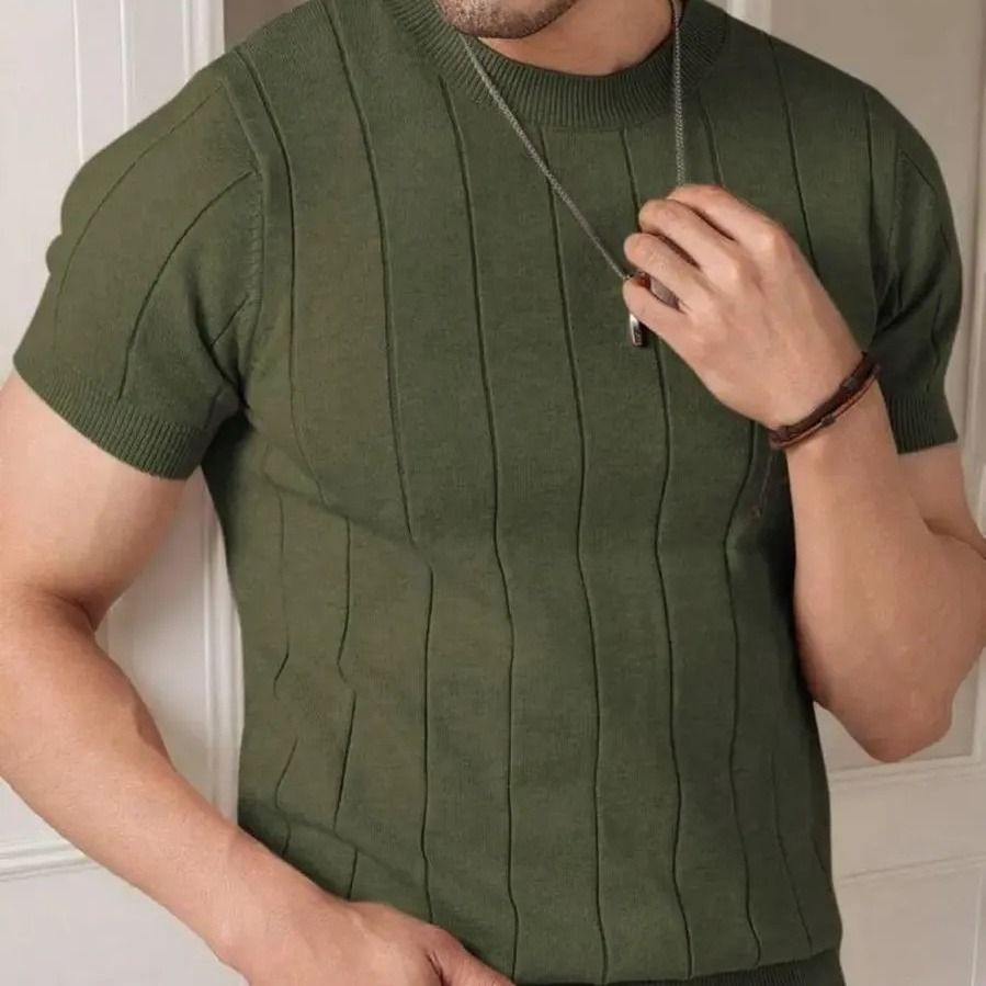 Blusa Masculina Básica Manga Curta Canelada Tricot Modal (M ao GG)