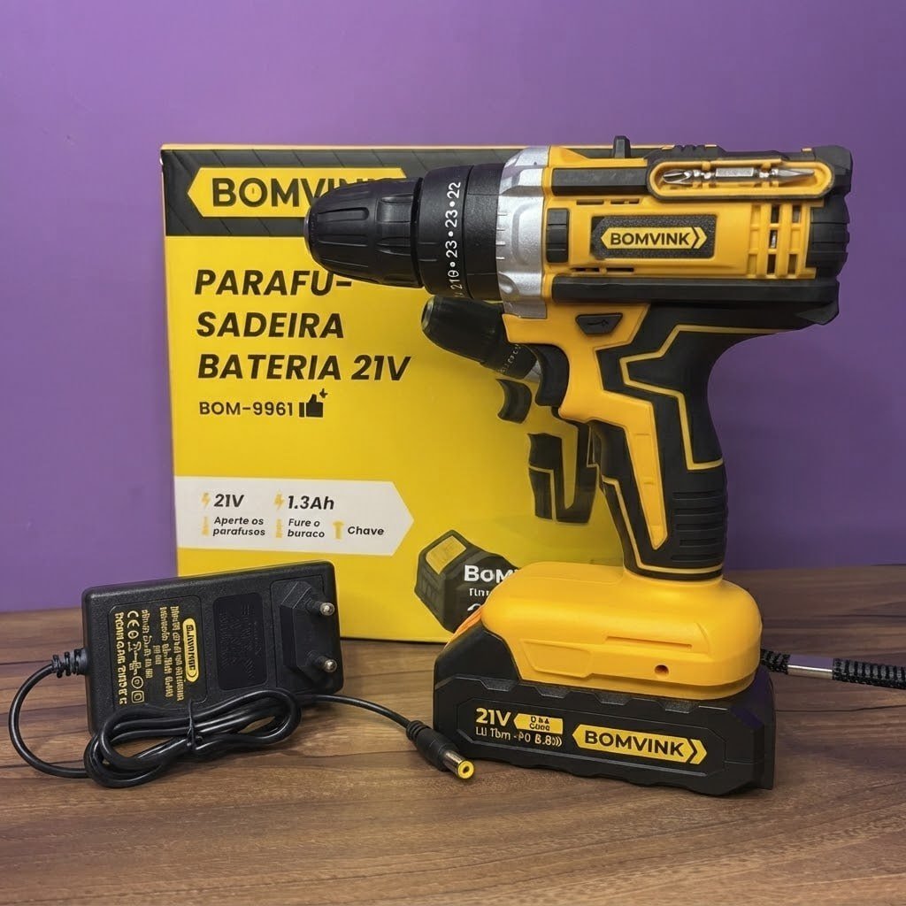 Parafusadeira Furadeira a Bateria 21V com Empunhadura Emborrachada, Bateria Recarregável e Carregador Bivolt
