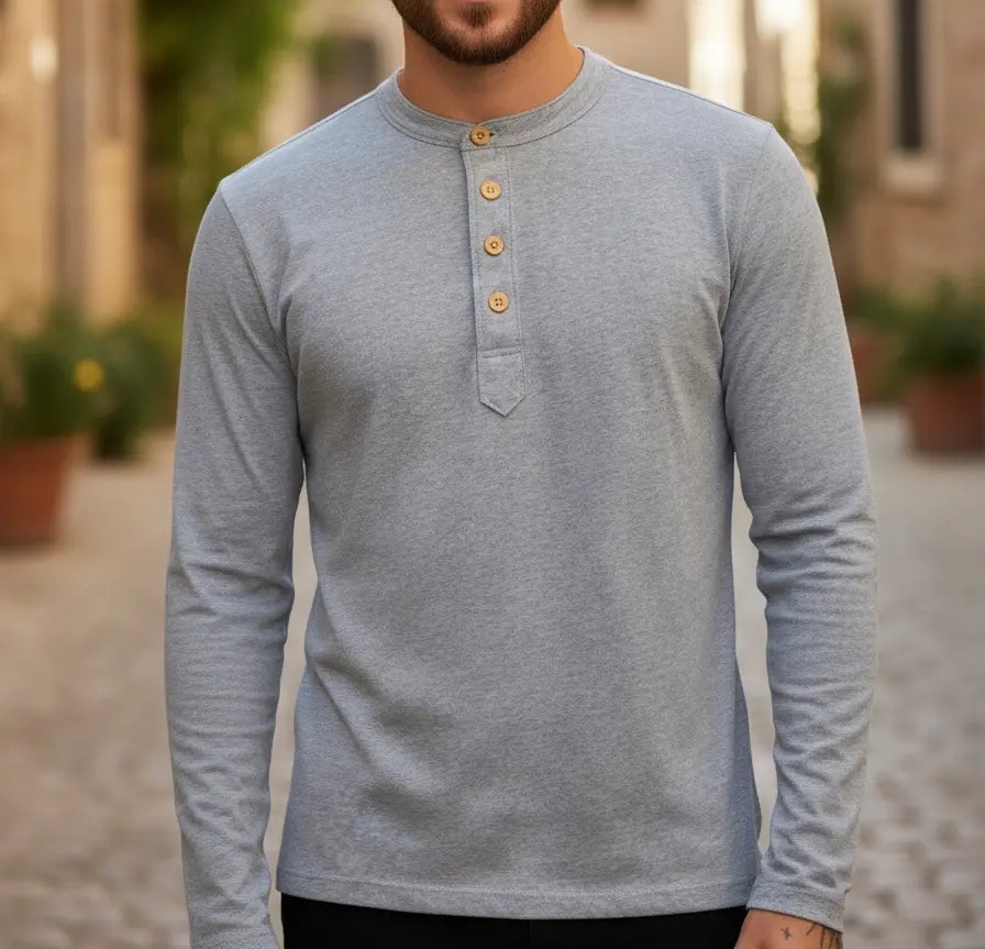 Camisa Henley Masculina De Malha Ecológica Mangas Compridas