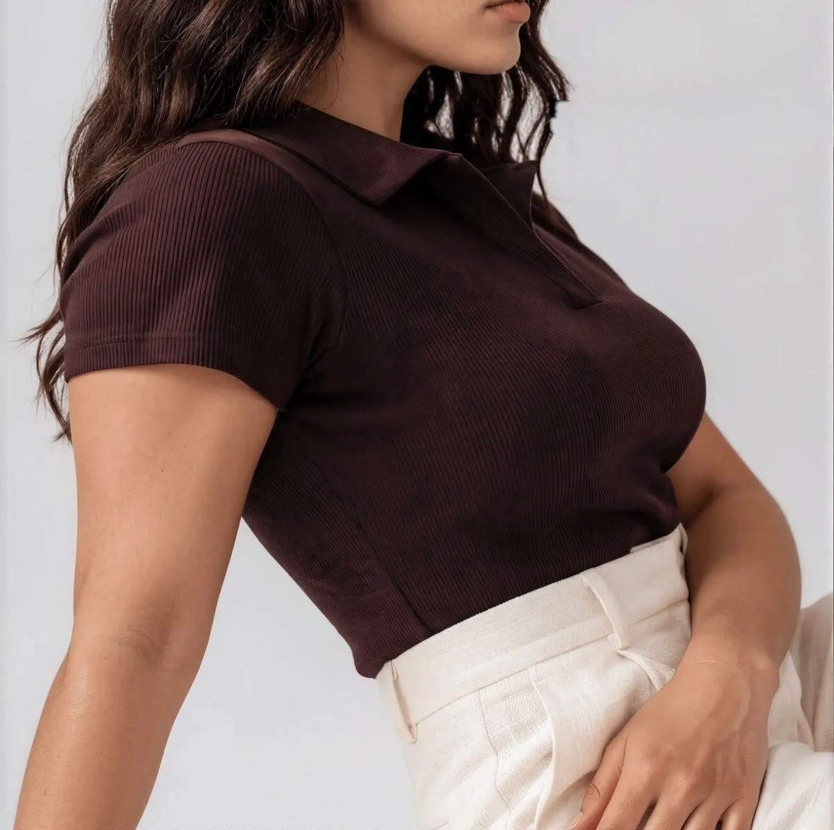 Kit 3 Blusa Feminina Gola Polo Canelada Básica Casual Lisa Preto, Marrom E Azul Liso P/m (36/42)