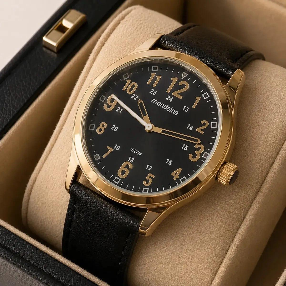 Relógio Mondaine Masculino Dourado Analógico Couro Preto