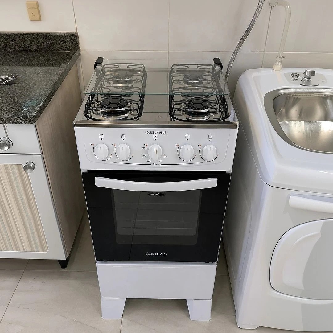 Fogão 4 Bocas Atlas Coliseum Plus com Mesa de Inox Manual Branco