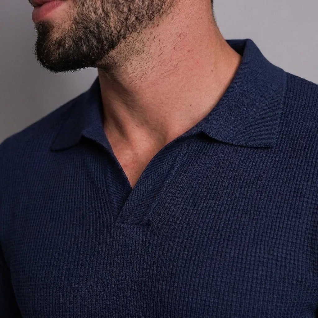 Camiseta Gola Polo Masculina Minimalista Tecido Texturizado Azul-marinho Liso G Texturizado