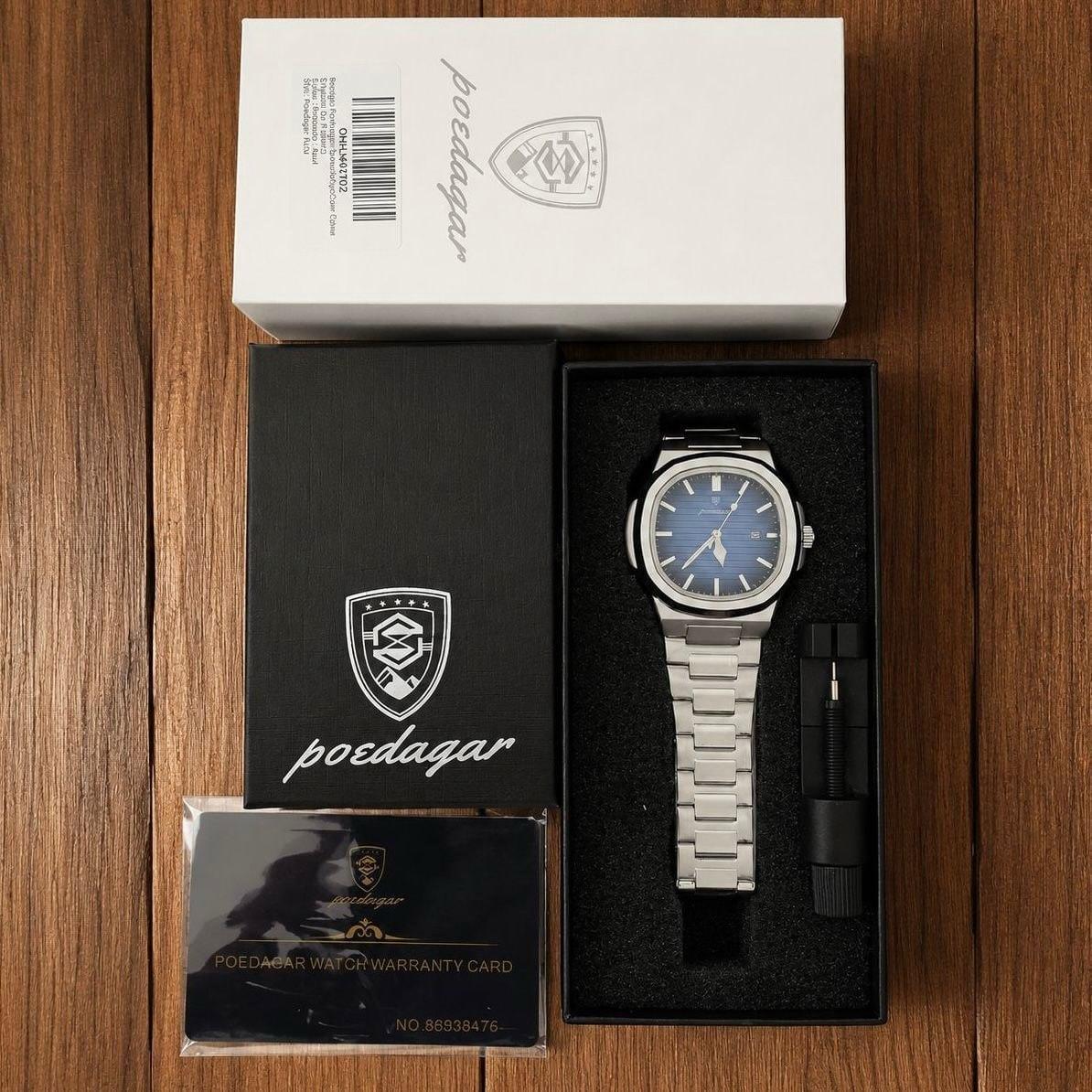 Relógio Masculino De Pulso Poedagar Prateado Luxo Aço Inox Prateado Azul
