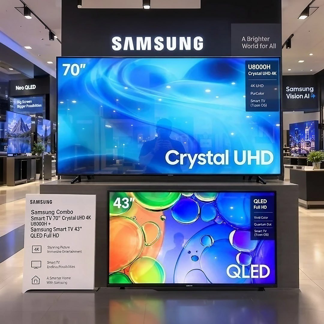 Samsung Combo Smart TV 70" Crystal UHD 4K U8000H + Samsung Smart TV 43" QLED Full HD