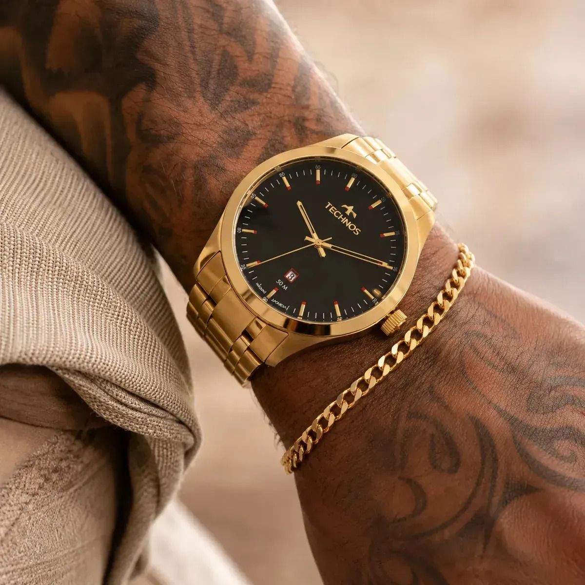 Relógio Technos Masculino Dourado Preto Com Calendário
