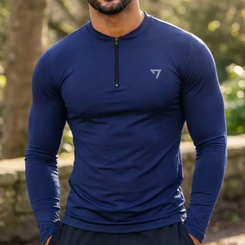Camisa Térmica Masculina Segunda Pele Manga Longa Com Zíper Azul-marinho (P ao GG)