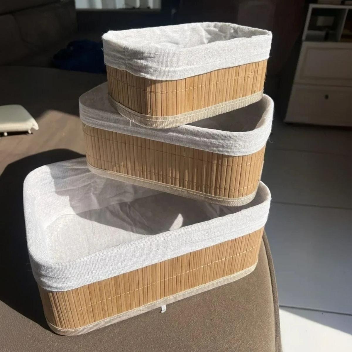 Kit 3 Cestos Organizadores De Bambu Retangulares Com Forro