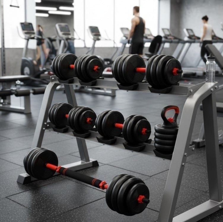 Halteres Ajustáveis Kit 6 em 1 até 10 kg com Barra Longa, Anilhas, Kettlebell e Apoio para Flexão