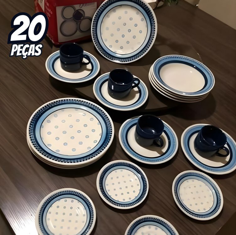 Aparelho de Jantar e Chá 20 Peças Biona de Cerâmica - Redondo Branco e Azul Donna