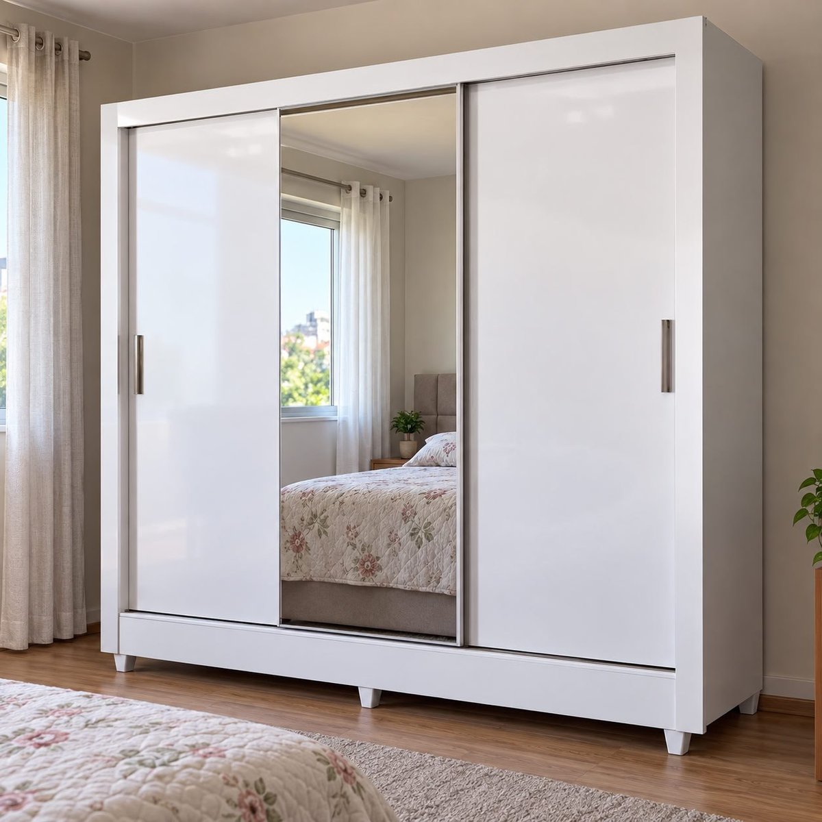 Guarda Roupa Casal 3 Portas De Correr Com Pés E Espelho Italia Branco Brilho Santos Andirá