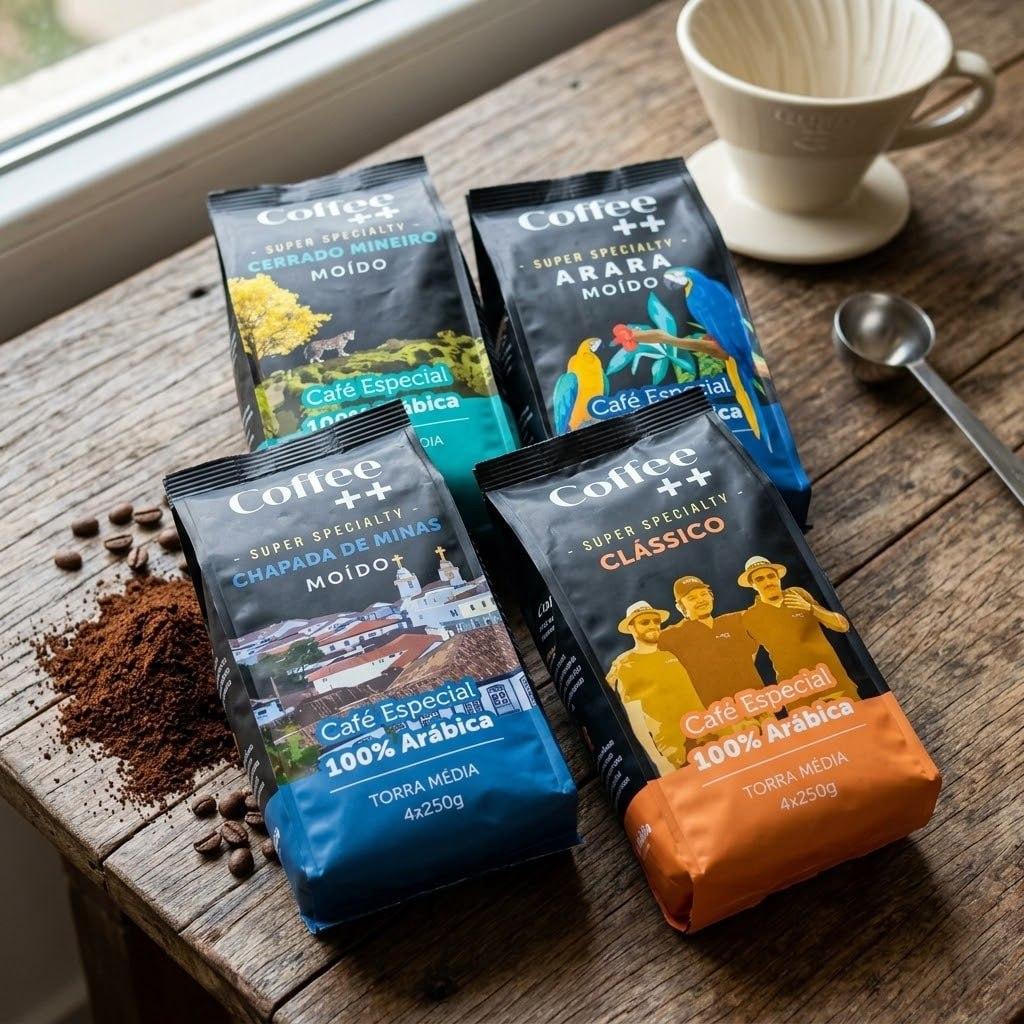 Kit 4 Pacotes Café Especial Torrado e Moído Coffee Mais Variedades, 100% Arábica (4x250g) -Cerrado Mineiro -Arara -Chapada de Minas -Clássico