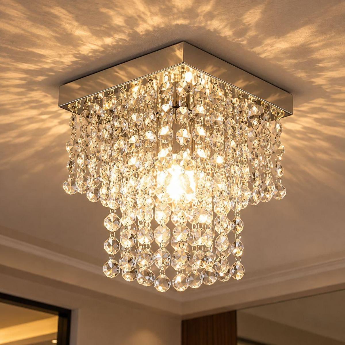 Lustre De Cristal Acrílico 20x20 Cm Bivolt Sala Quarto Luxo Prateado