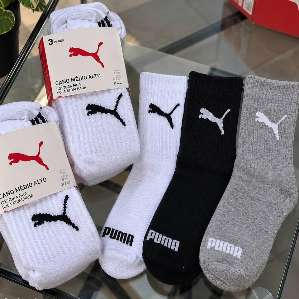 Kit com 6 Pares Meias Puma Cano Médio Alto Atoalhada