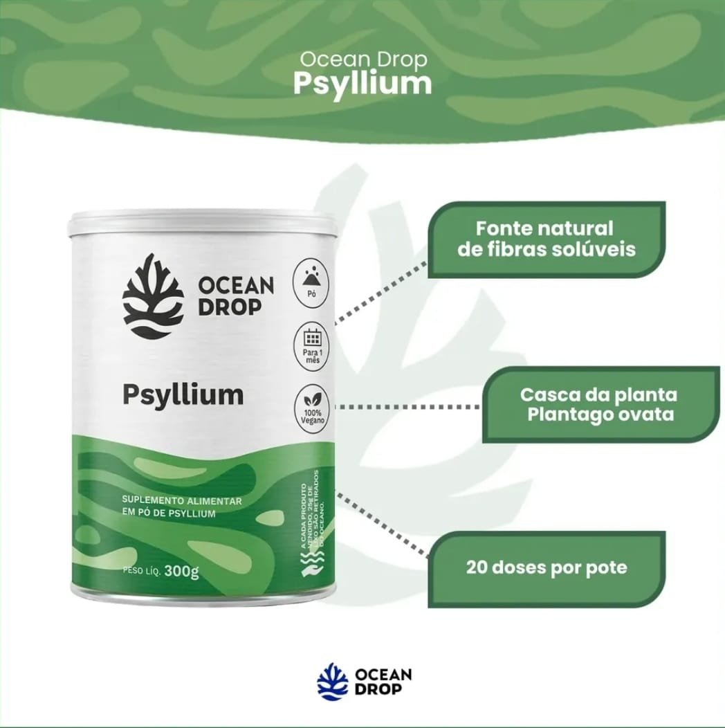 Psyllium Em Pó Ocean Drop Fibras Solúveis Natural 100% Vegan Psyllium Em Po Natural 300g