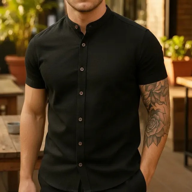 Camisa Masculina Manga Curta Gola Padre Premium Luxo Social Preto Liso