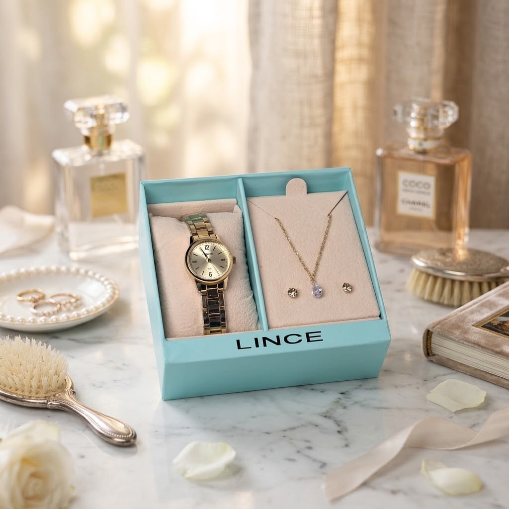 Kit Relógio Feminino Lince Com Colar E Brincos