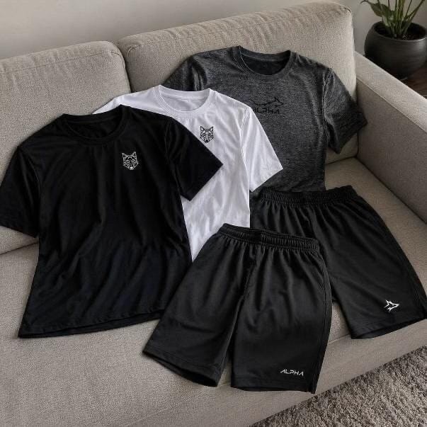 Kit 5 Peças All Black Dry 3 Camisetas E 2 Bermudas Alpha (P ao GG)