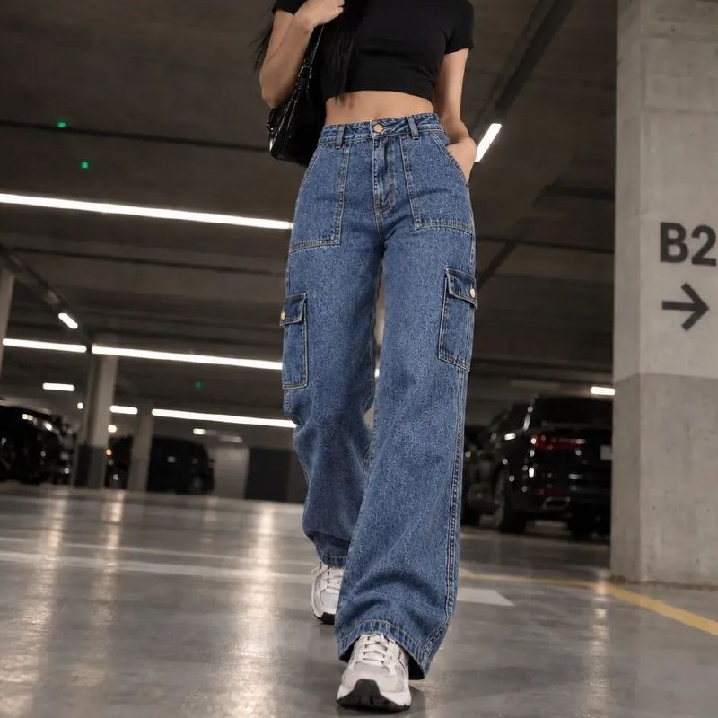 Calça Cargo Wide Leg Jeans Feminina Cintura Alta Bolsos