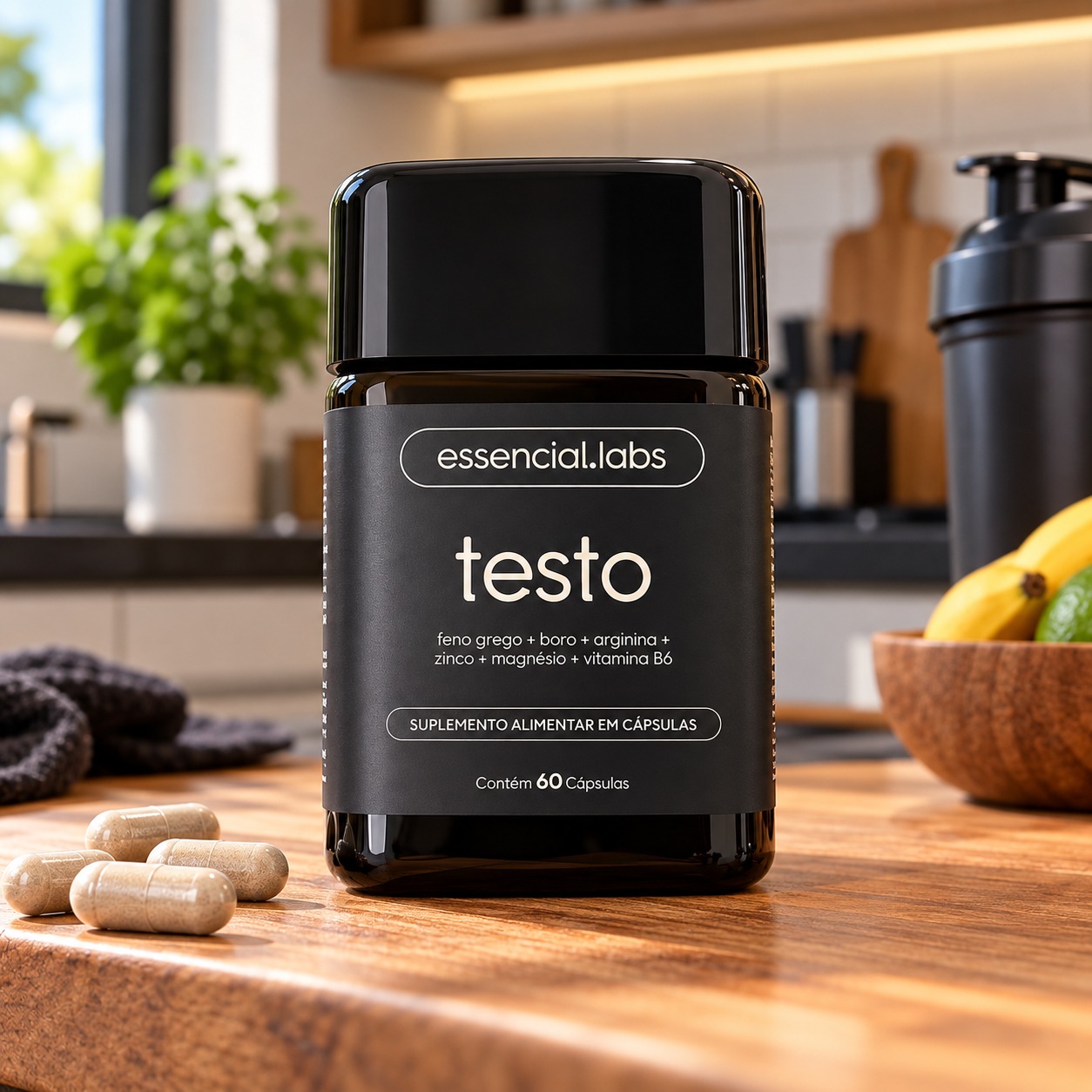TESTO ESSENCIAL - Fórmula Exclusiva com Feno Grego + Boro + Arginina + ZMA + Vitamina B6 - 60 cápsulas - Precursor da Testosterona