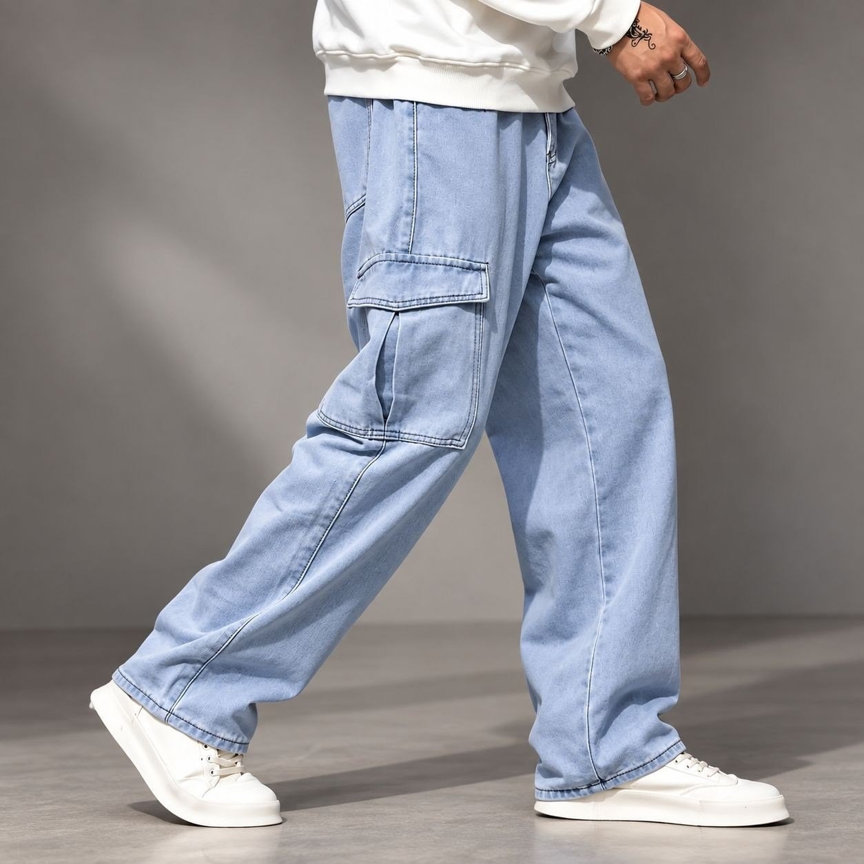 Calça Cargo Jeans Larga Bolsos Lateral Streetwear