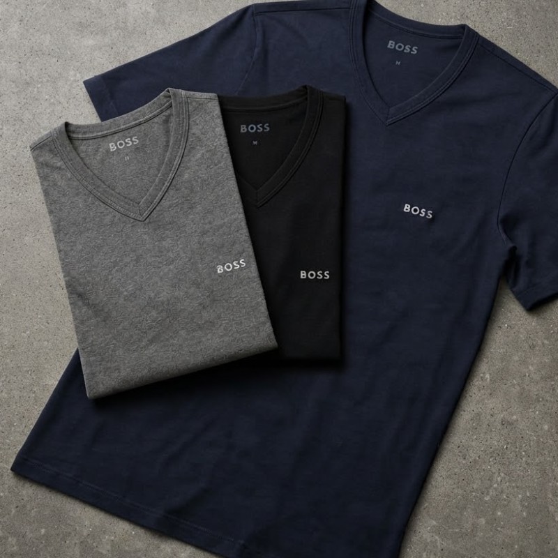 Kit Camisetas Hugo Boss Gola V Cinza/azul Marinho/preto 3un Cinza/azul Marinho/preto (P ao GGG)