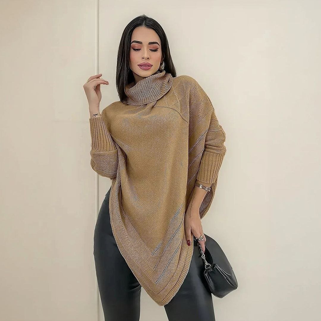 Blusa Poncho Tricot Assimétrico Alongado Manga Longa Suéter