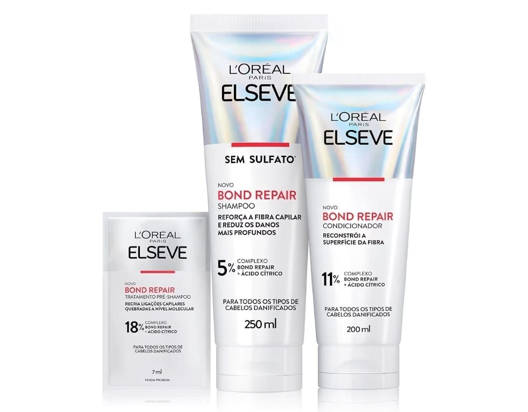 L'Oréal Paris Elseve Bond Repair Kit Reparação Molecular com Ácido Cítrico para Cabelos Danificados, Reconstrói Ligações e Devolve Força (Shampoo + Condicionador + Sachê Pré-Shampoo)