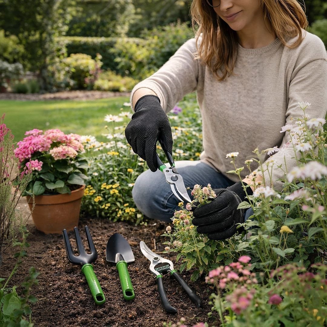Kit Jogo Jardinagem Jardim Pá Tesoura Poda Luva 5 Peças