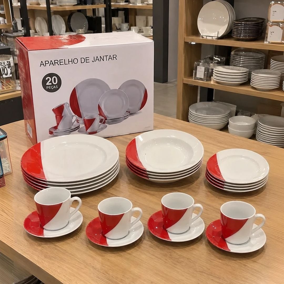 Aparelho de Jantar e Chá 20 Peças Cerâmica Brasilia Redondo Branco e Vermelho Atual