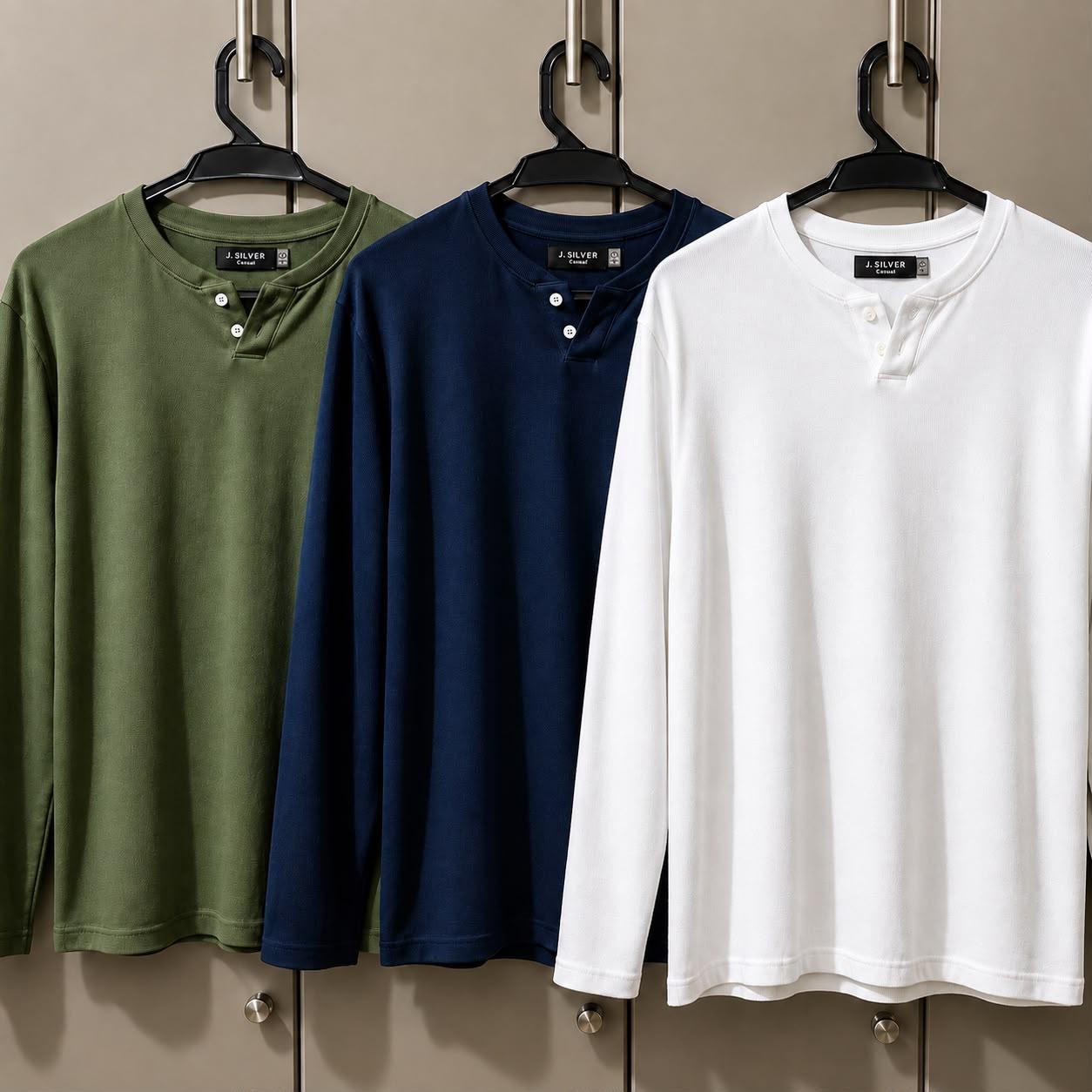 Kit 3 Camiseta Henley Masculina Slim 2 Botões Manga Longa