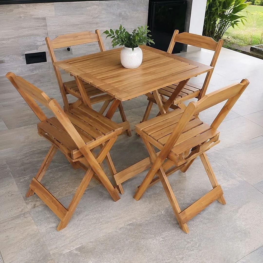 Jogo Conjunto Mesa Dobrável 70x70 C/4 Cadeiras Madeira