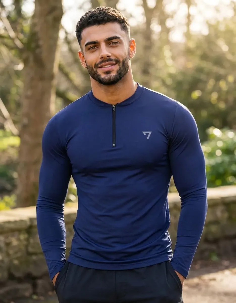 Camisa Térmica Masculina Segunda Pele Manga Longa Com Zíper Azul-marinho (P ao GG)
