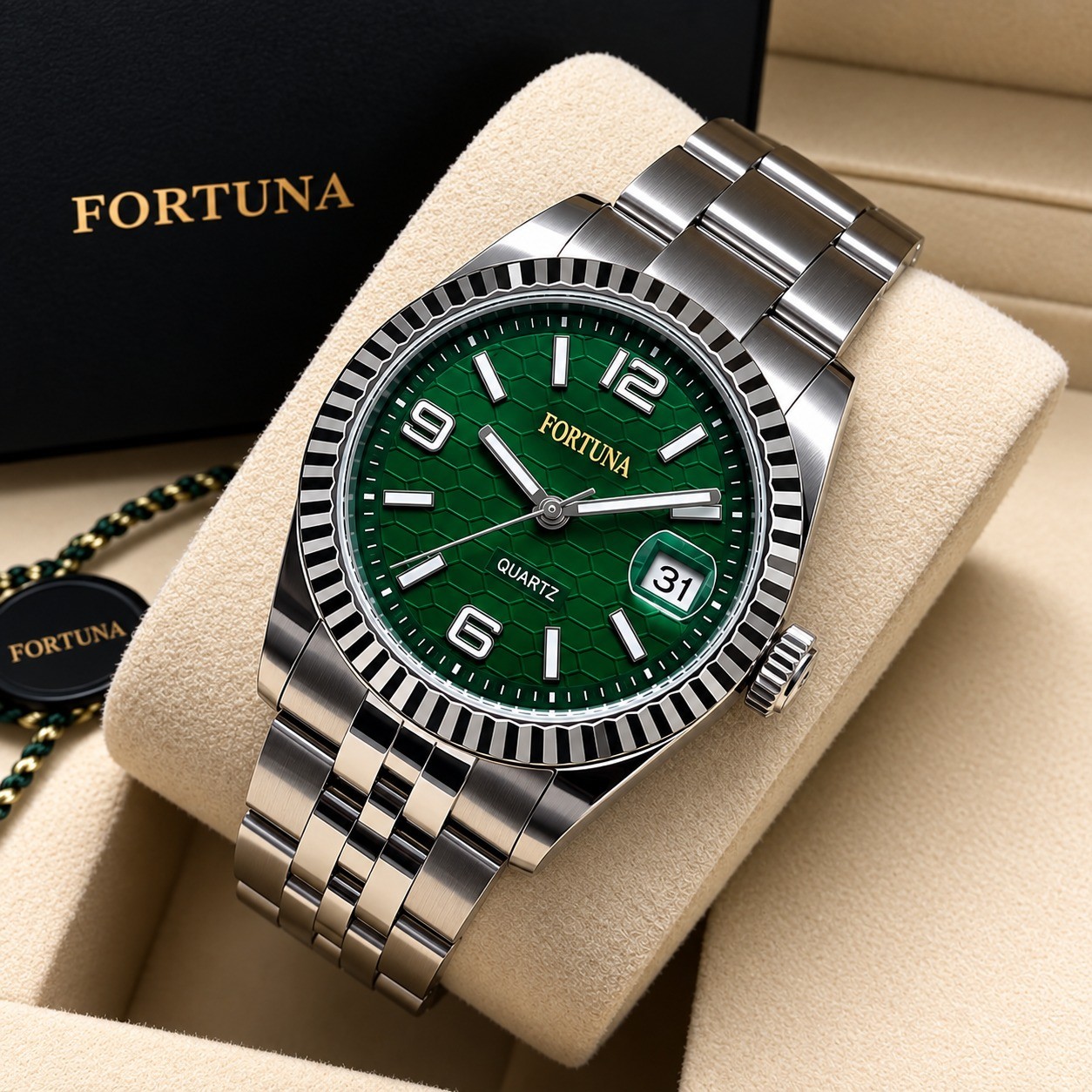 Relógio De Pulso Masculino Fortuna Quartz Minimalista Luxo Prata Cx Verde