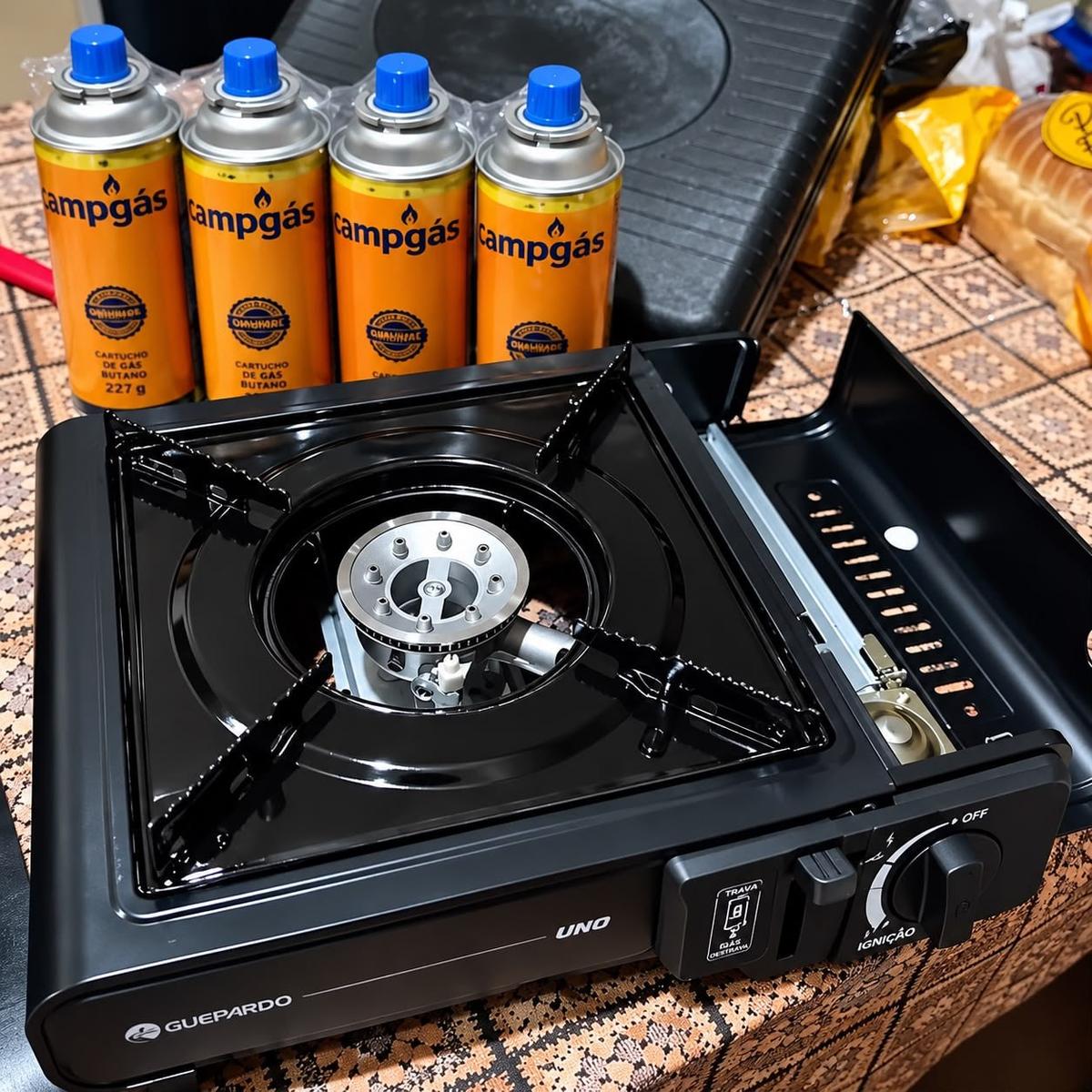 Kit Fogareiro Fogão Portátil Pesca Camping + 4 Refil Carga