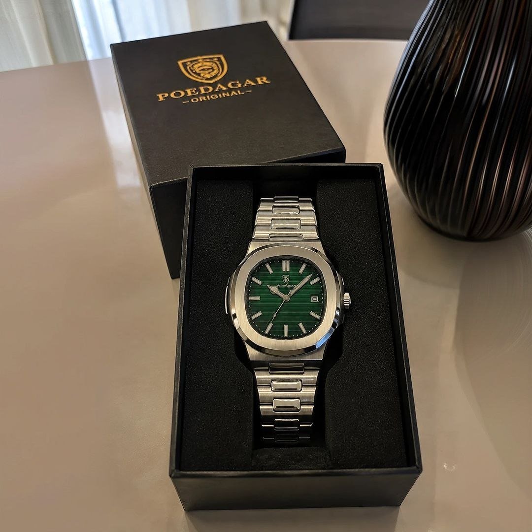 Relógio Poedagar 613 Aço Inoxidável Quartzo Fundo Verde 41mm
